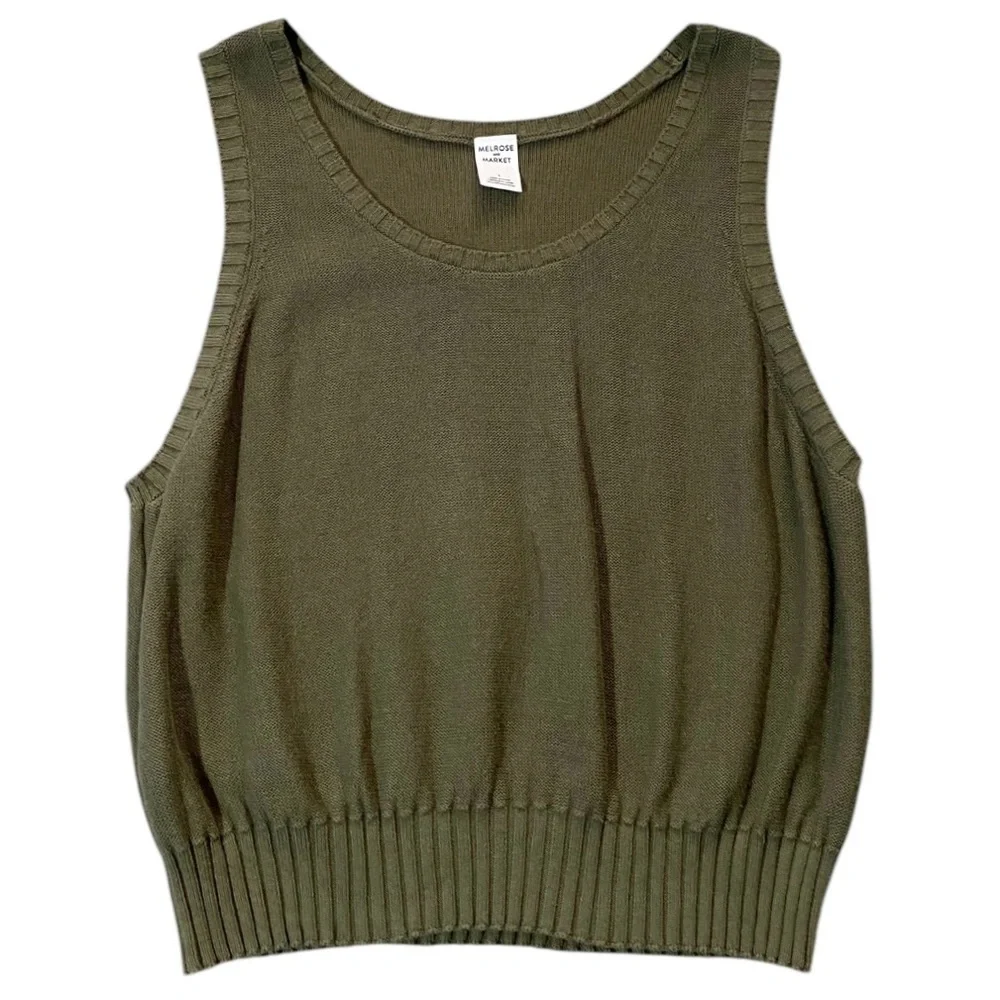 Olive Green Sweater Vest L 100% Cotton Preppy Academia Heritage Knit Minimalist